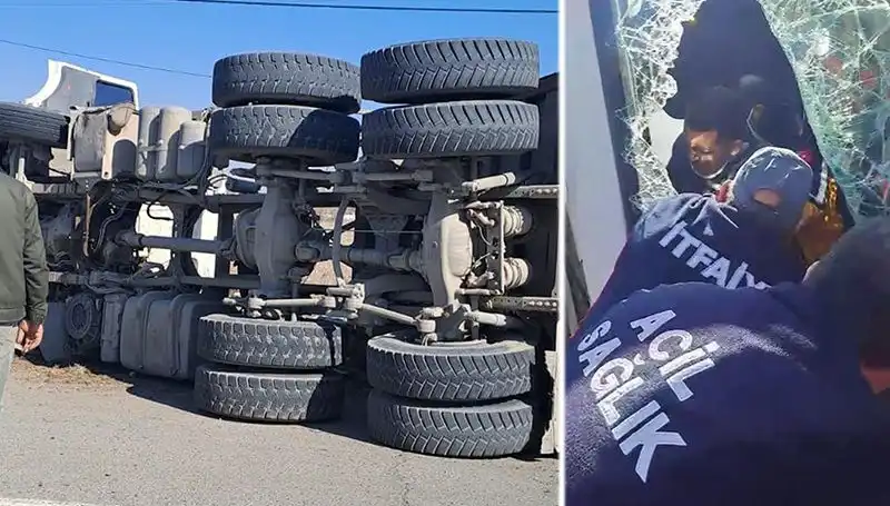 Virajı Alamayan Kamyonun Yan Yatma Anı Güvenlik Kameralarına Yansıdı